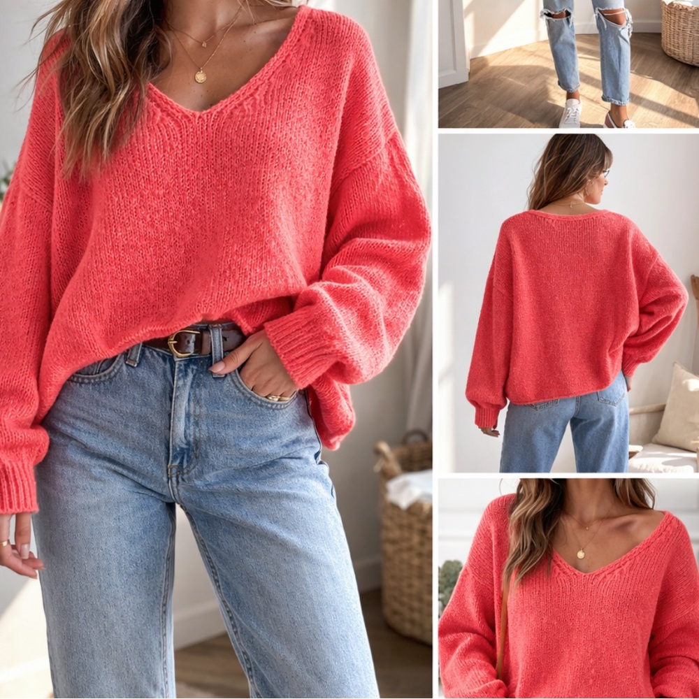 Eileen Fisher Sweater Womens Small Organic Cotton Knit Coral Long Sleeve